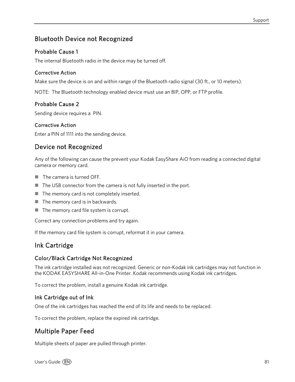 Bluetooth device not recognized, Probable cause 1, Corrective action | Probable cause 2, Device not recognized, Ink cartridge, Color/black cartridge not recognized, Ink cartridge out of ink, Multiple paper feed | Kodak 5300 User Manual | Page 85 / 106