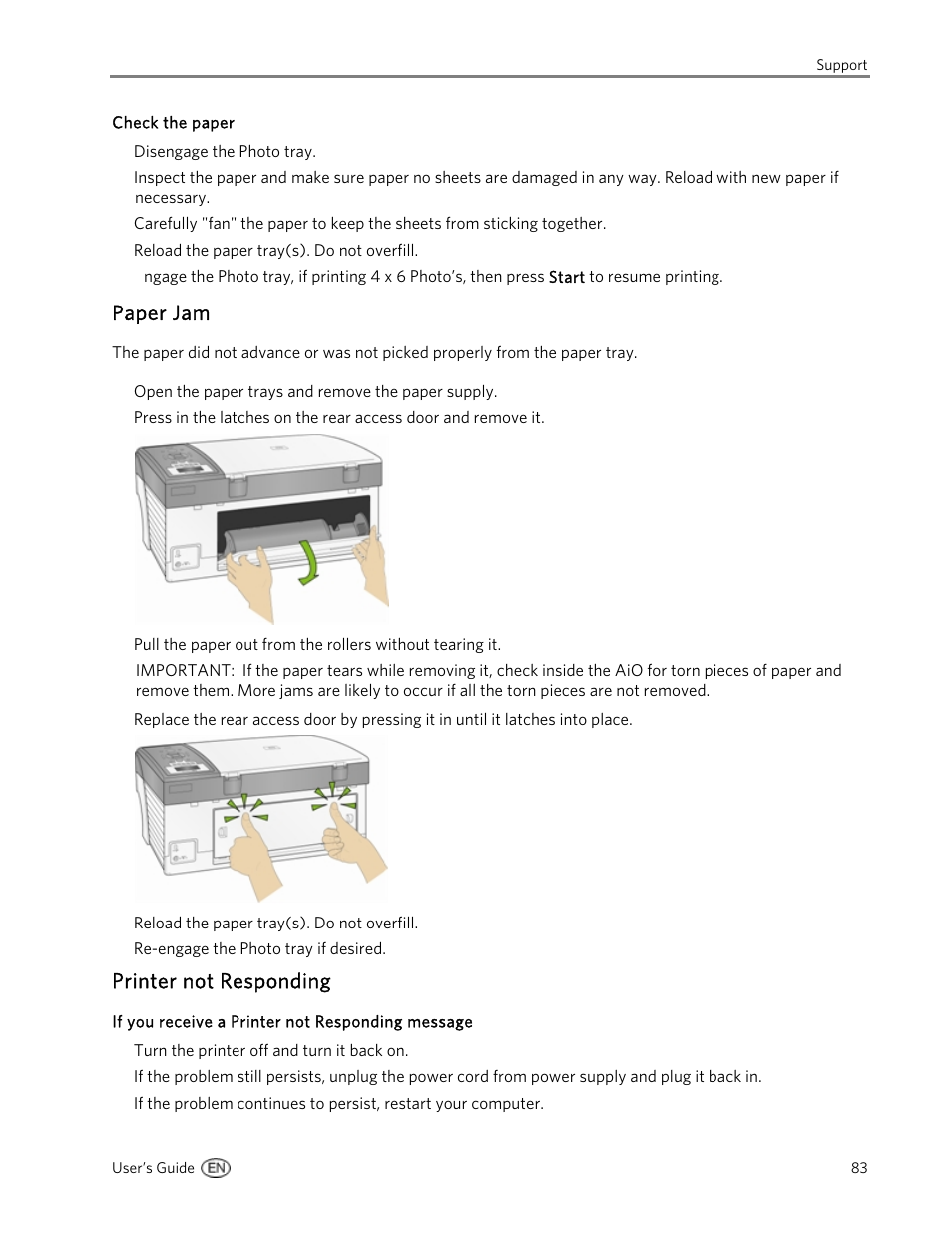 Paper jam, Printer not responding | Kodak 5300 User Manual | Page 87 / 106