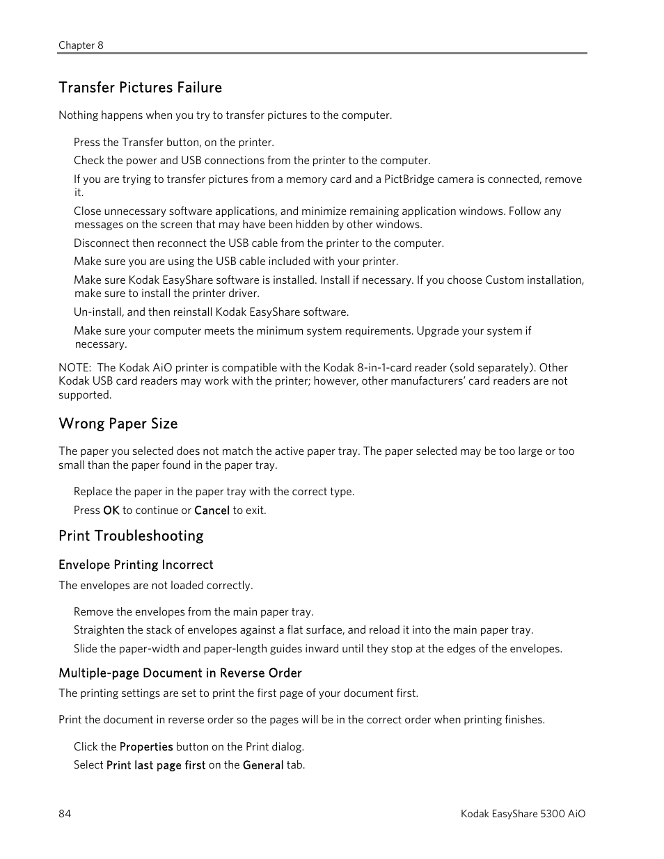 Transfer pictures failure, Wrong paper size, Print troubleshooting | Envelope printing incorrect | Kodak 5300 User Manual | Page 88 / 106