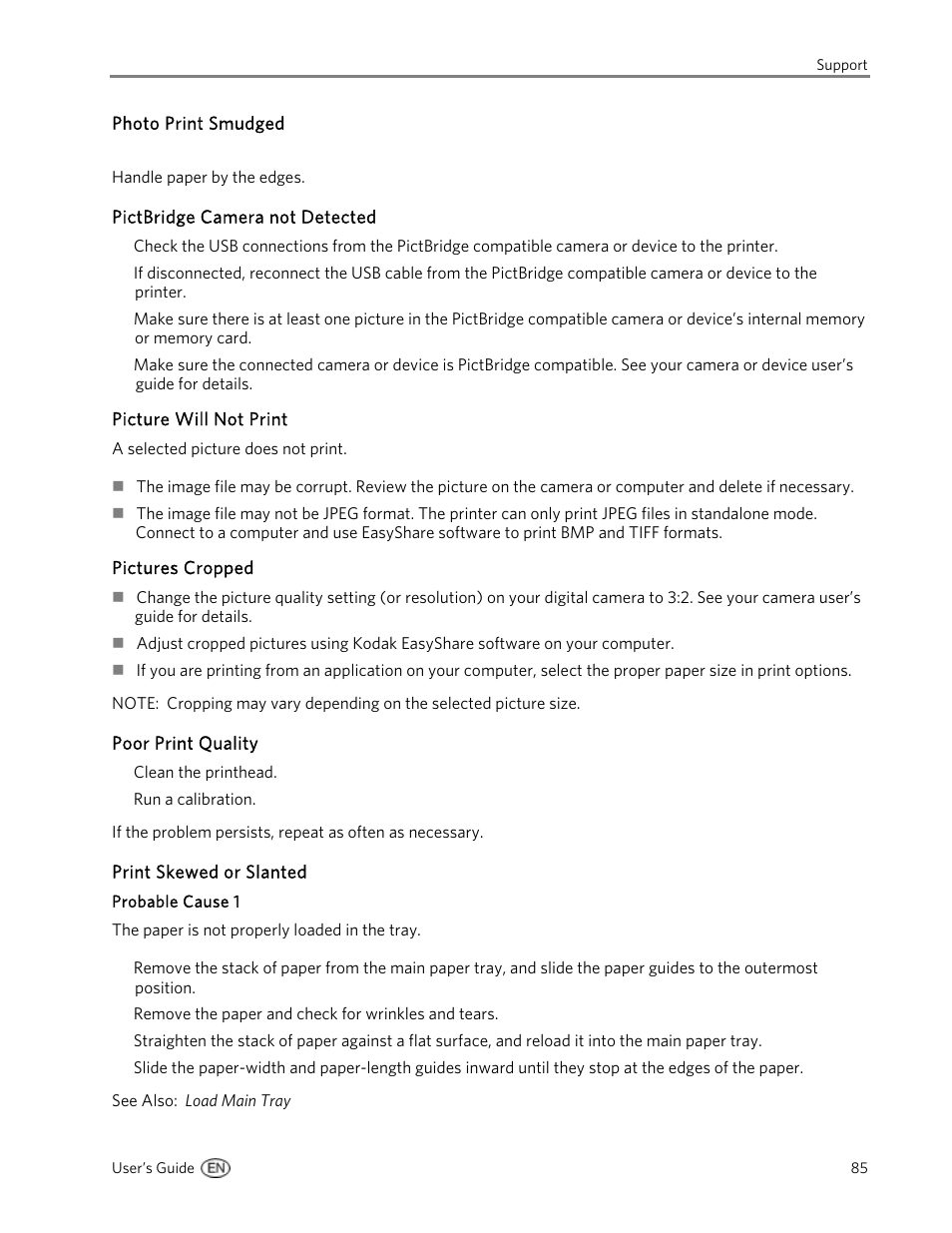 Photo print smudged, Pictbridge camera not detected, Picture will not print | Pictures cropped, Poor print quality, Print skewed or slanted, Probable cause 1 | Kodak 5300 User Manual | Page 89 / 106
