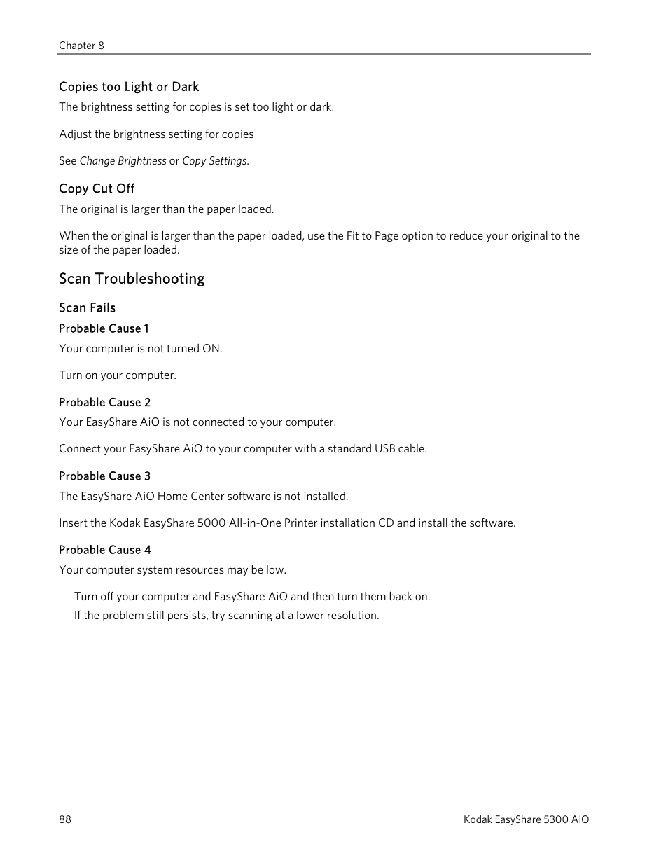 Copies too light or dark, Copy cut off, Scan troubleshooting | Scan fails, Probable cause 1, Probable cause 2, Probable cause 3, Probable cause 4 | Kodak 5300 User Manual | Page 92 / 106