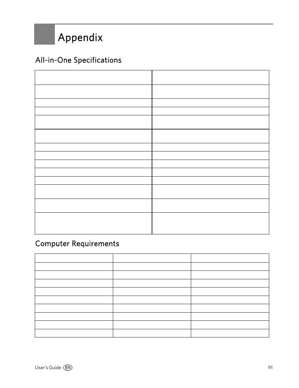 Appendix, All-in-one specifications, Computer requirements | Kodak 5300 User Manual | Page 95 / 106