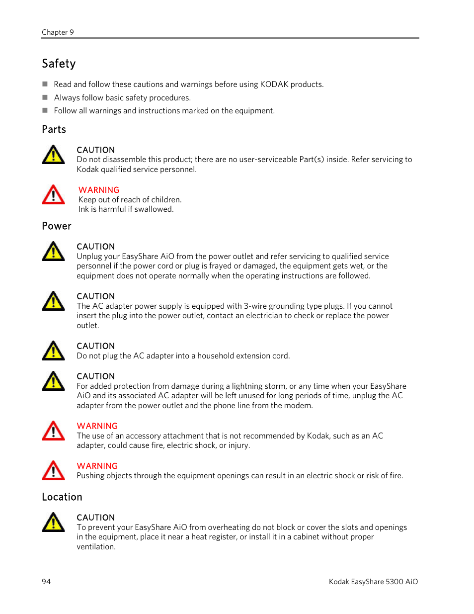 Safety, Parts, Power | Location | Kodak 5300 User Manual | Page 98 / 106