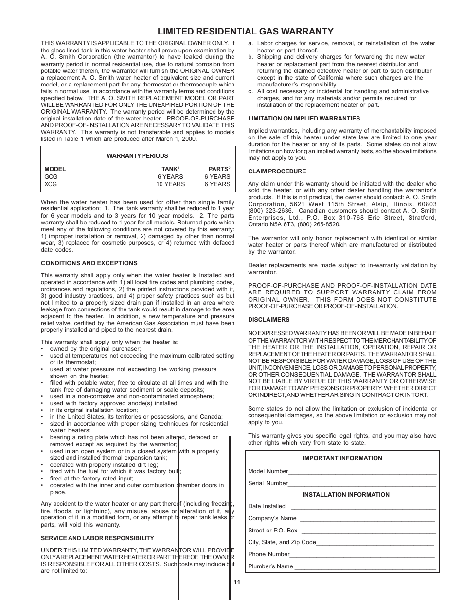 Limited residential gas warranty | A.O. Smith 184769-000 User Manual | Page 11 / 12