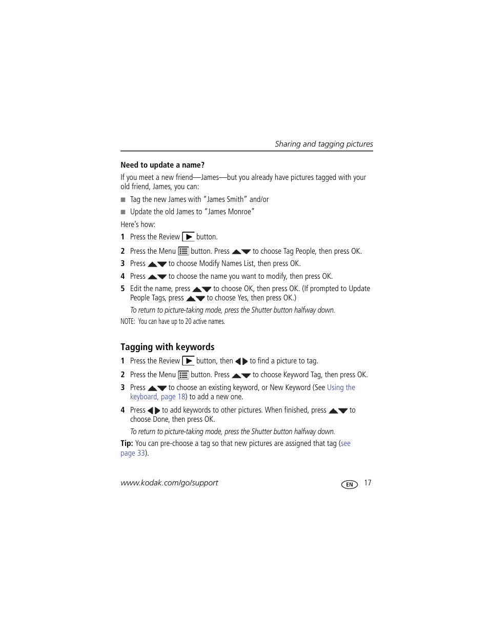 Need to update a name, Tagging with keywords | Kodak C143 User Manual | Page 23 / 65