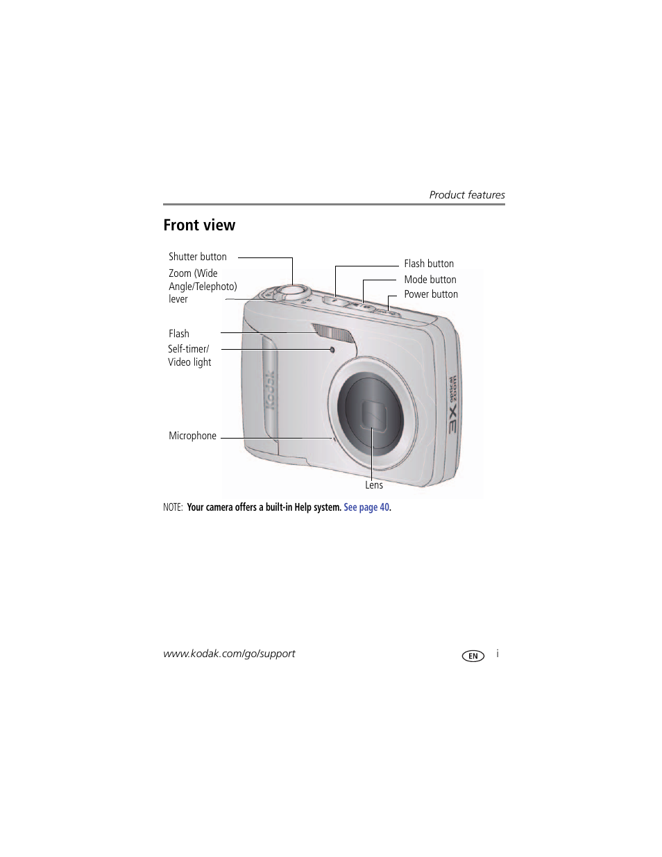 Product features, Front view | Kodak C143 User Manual | Page 3 / 65