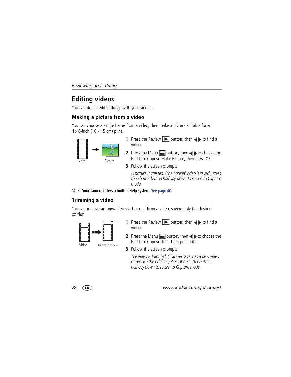 Editing videos, Making a picture from a video, Trimming a video | Kodak C143 User Manual | Page 34 / 65