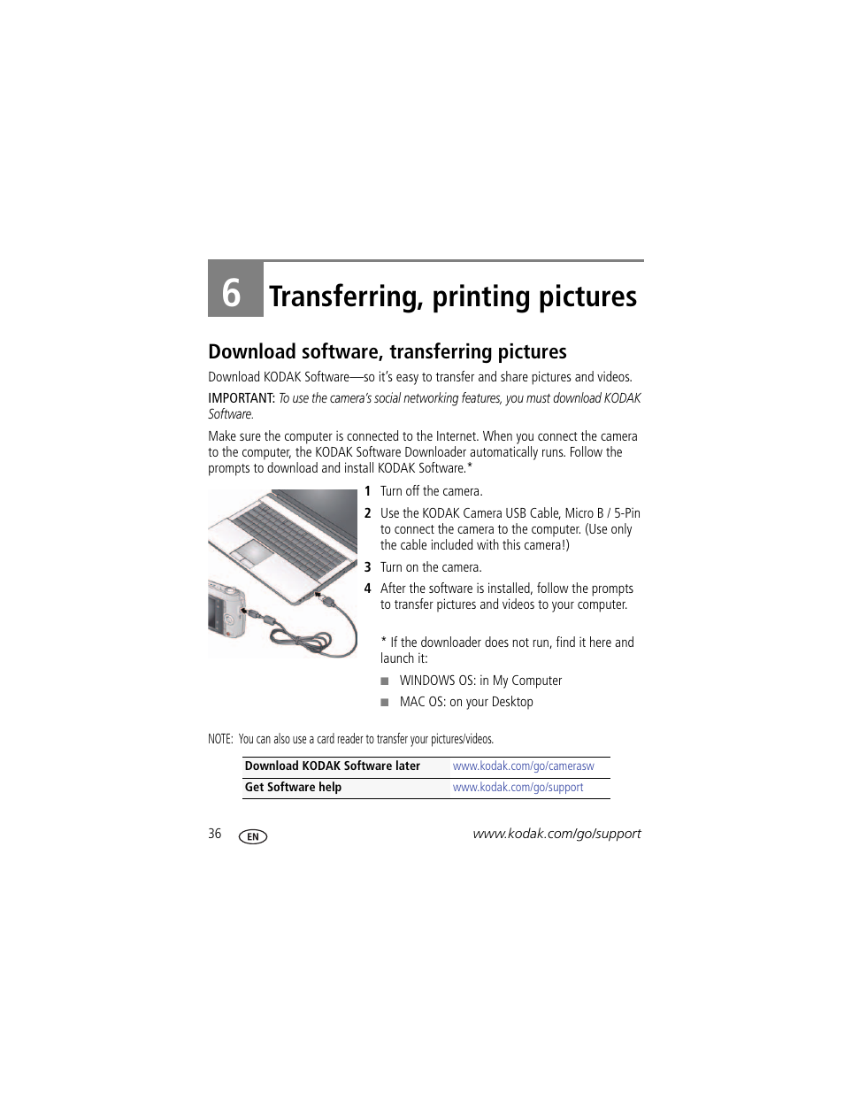 Transferring, printing pictures, Download software, transferring pictures, 6 transferring, printing pictures | Kodak C143 User Manual | Page 42 / 65