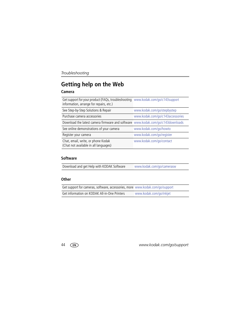 Getting help on the web | Kodak C143 User Manual | Page 50 / 65