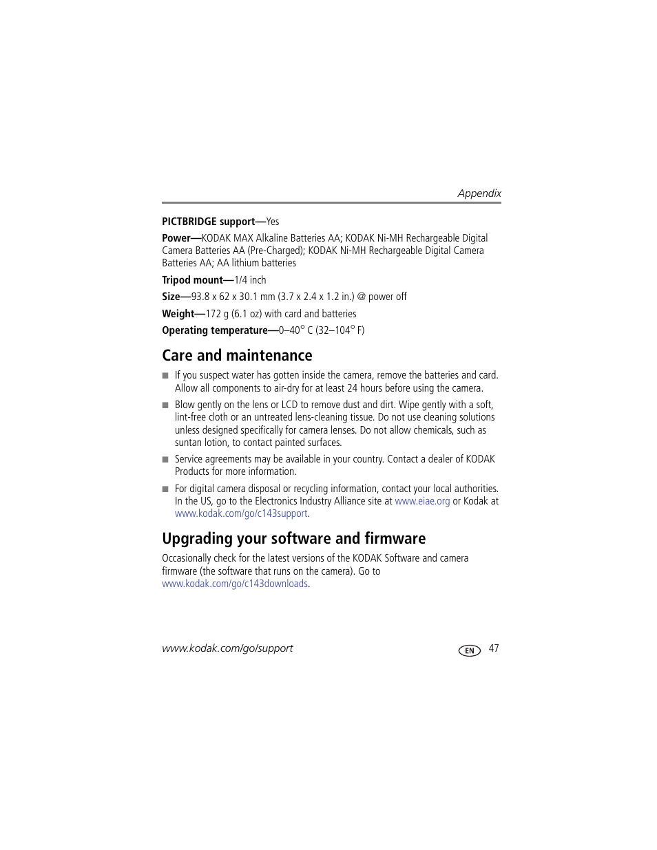 Care and maintenance, Upgrading your software and firmware, The lens | Kodak C143 User Manual | Page 53 / 65