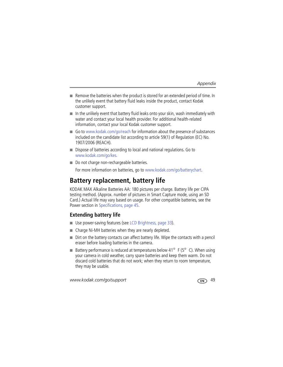 Battery replacement, battery life, Extending battery life, Alled | Kodak C143 User Manual | Page 55 / 65