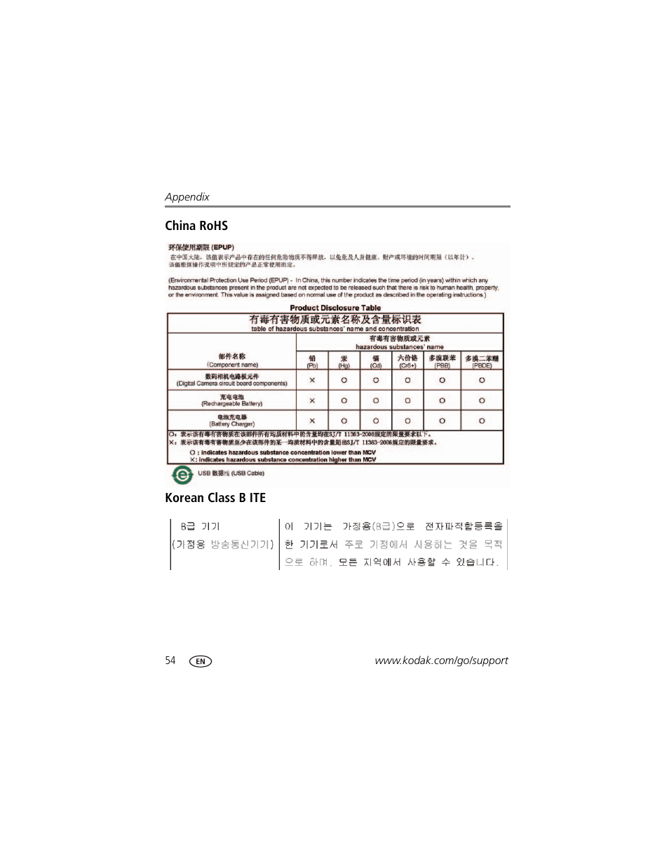 China rohs, Korean class b ite | Kodak C143 User Manual | Page 60 / 65