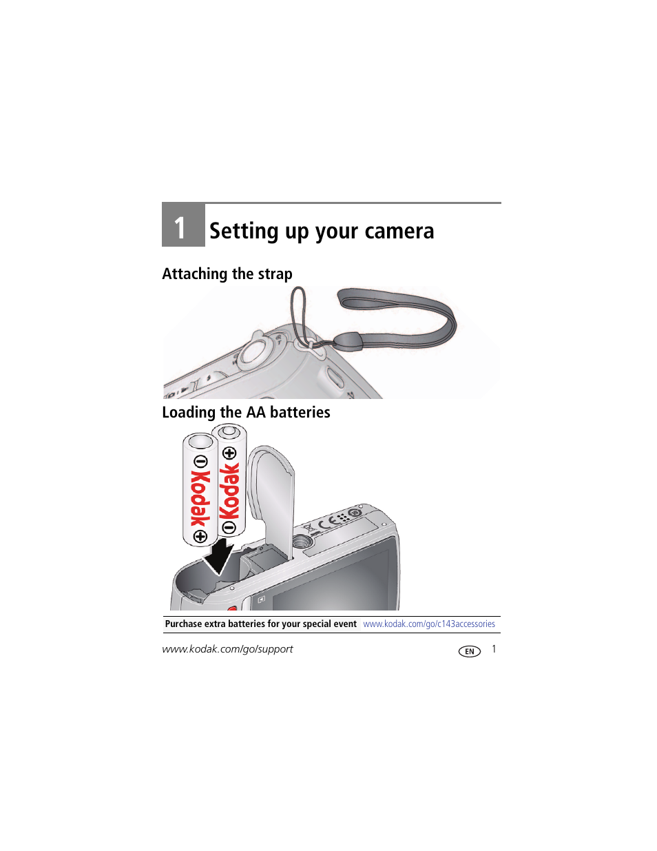 Setting up your camera, Attaching the strap, Loading the aa batteries | 1 setting up your camera, Attaching the strap loading the aa batteries | Kodak C143 User Manual | Page 7 / 65