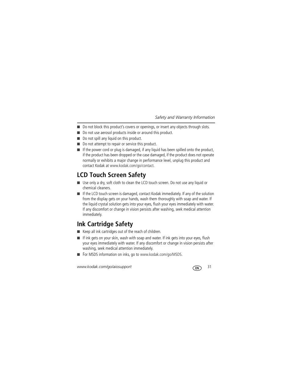 Lcd touch screen safety, Ink cartridge safety | Kodak HERO 9.1 User Manual | Page 37 / 43