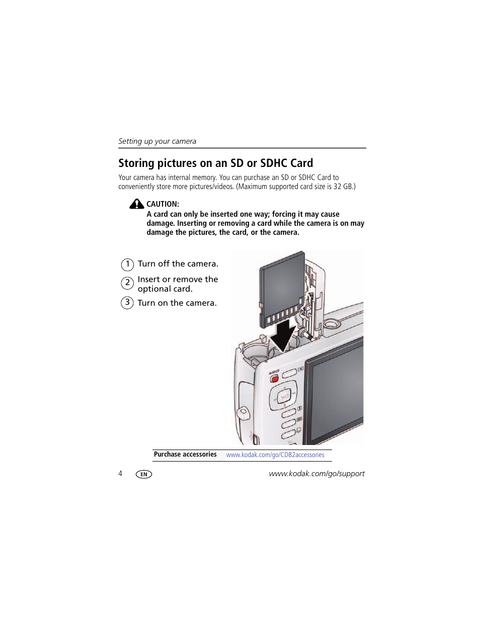 Storing pictures on an sd or sdhc card | Kodak CD82 User Manual | Page 10 / 64