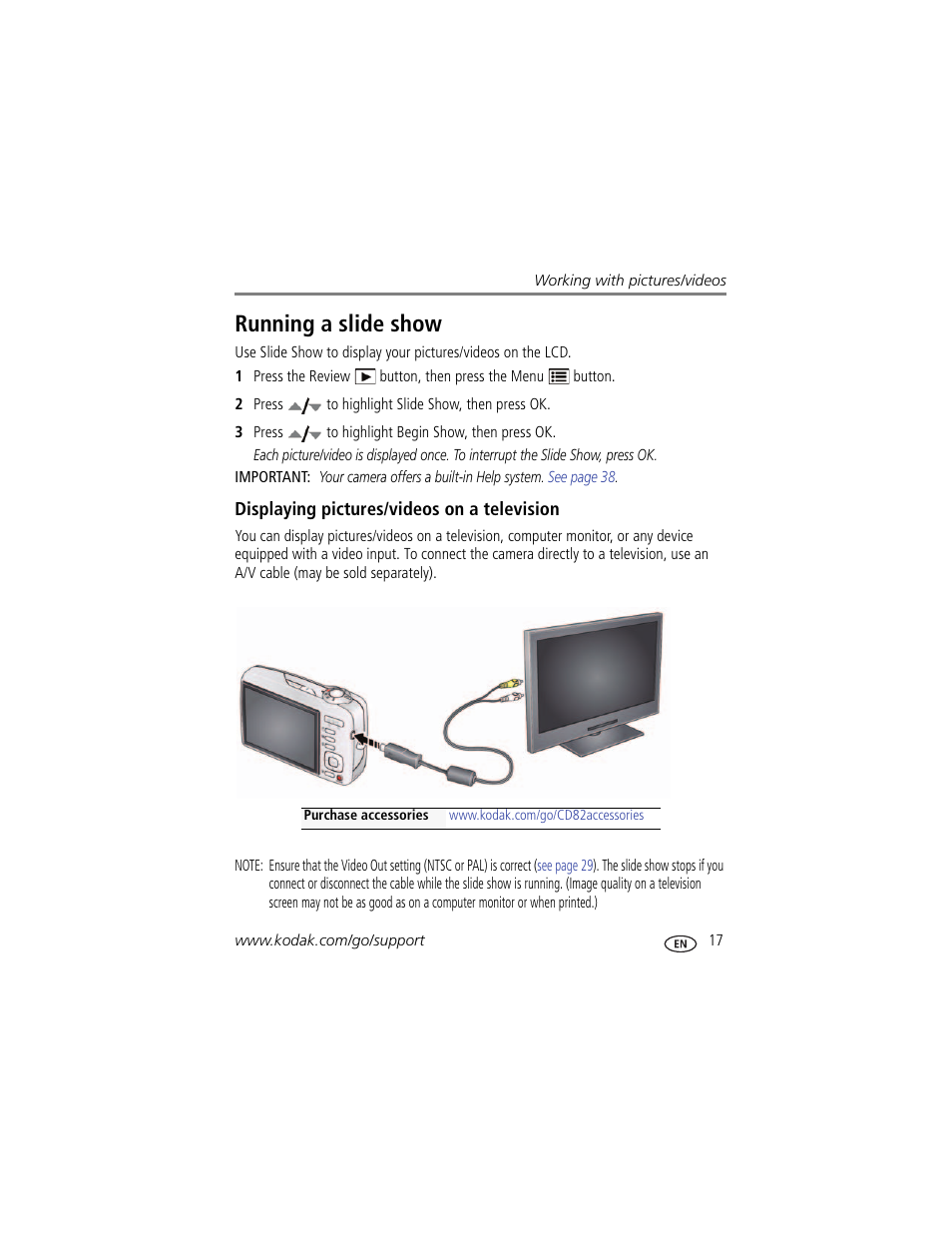 Running a slide show, Displaying pictures/videos on a television | Kodak CD82 User Manual | Page 23 / 64