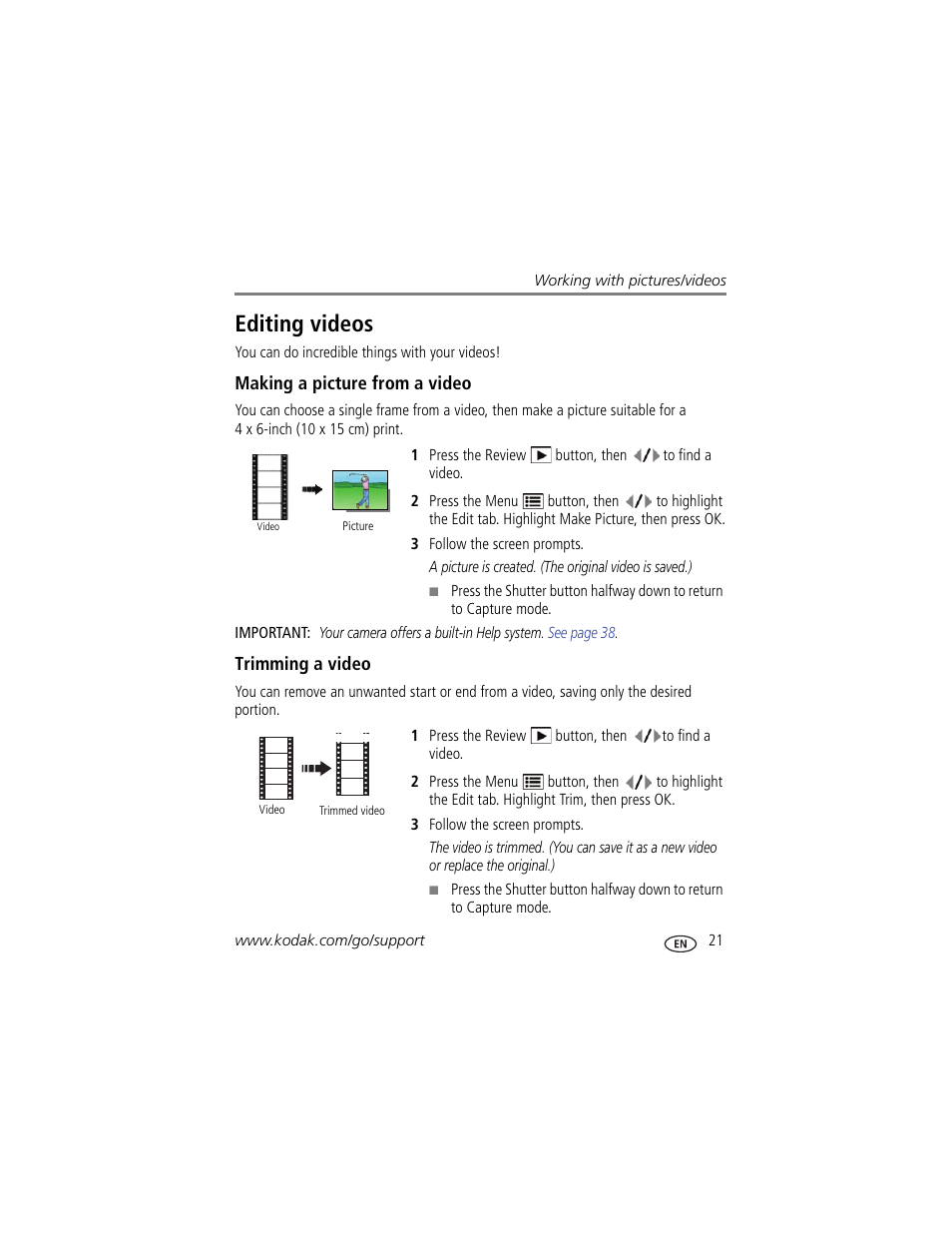 Editing videos, Making a picture from a video, Trimming a video | Kodak CD82 User Manual | Page 27 / 64