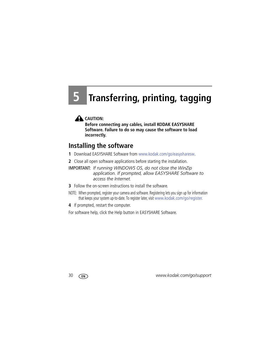 Transferring, printing, tagging, Installing the software, 5 transferring, printing, tagging | Kodak CD82 User Manual | Page 36 / 64