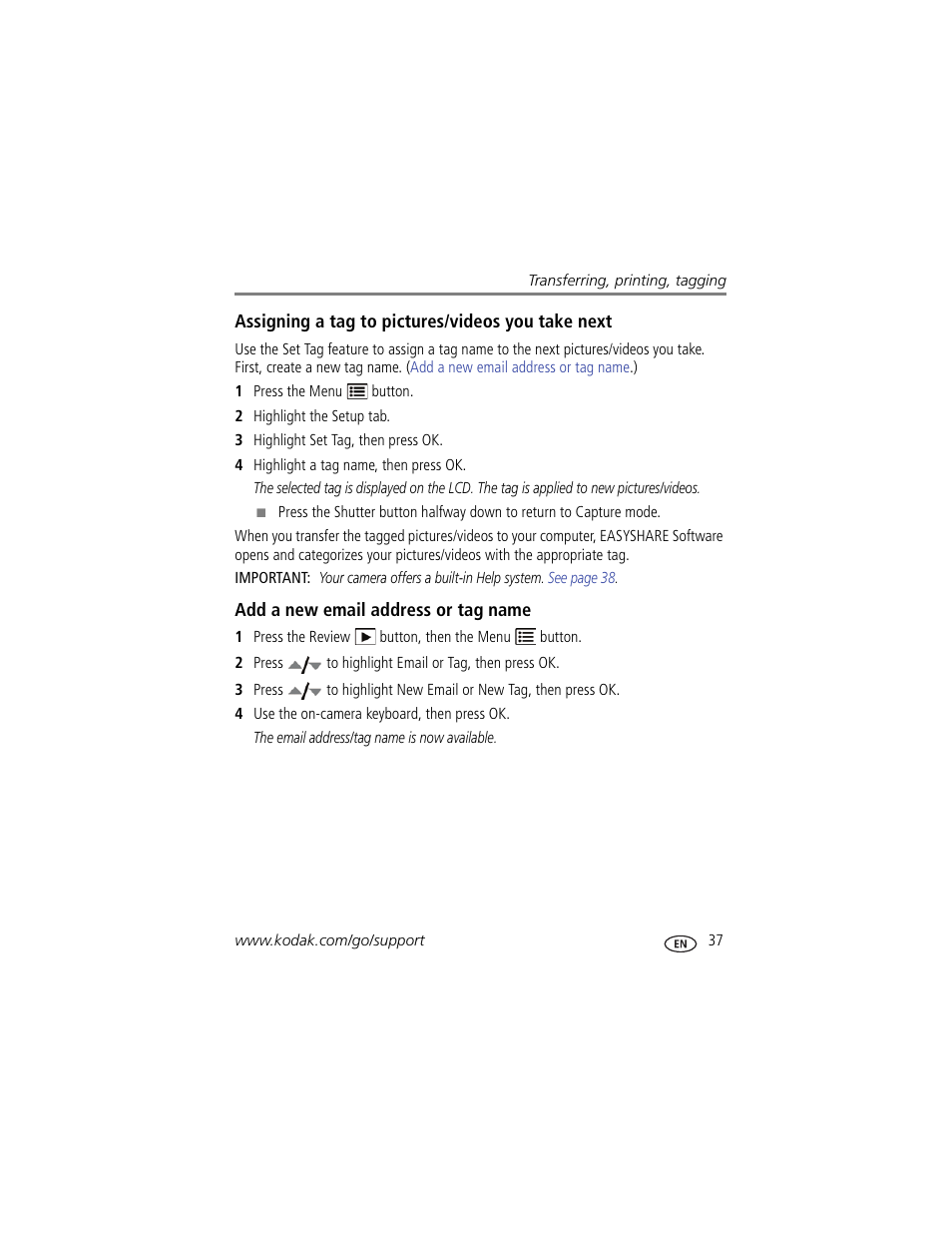 Assigning a tag to pictures/videos you take next, Add a new email address or tag name | Kodak CD82 User Manual | Page 43 / 64