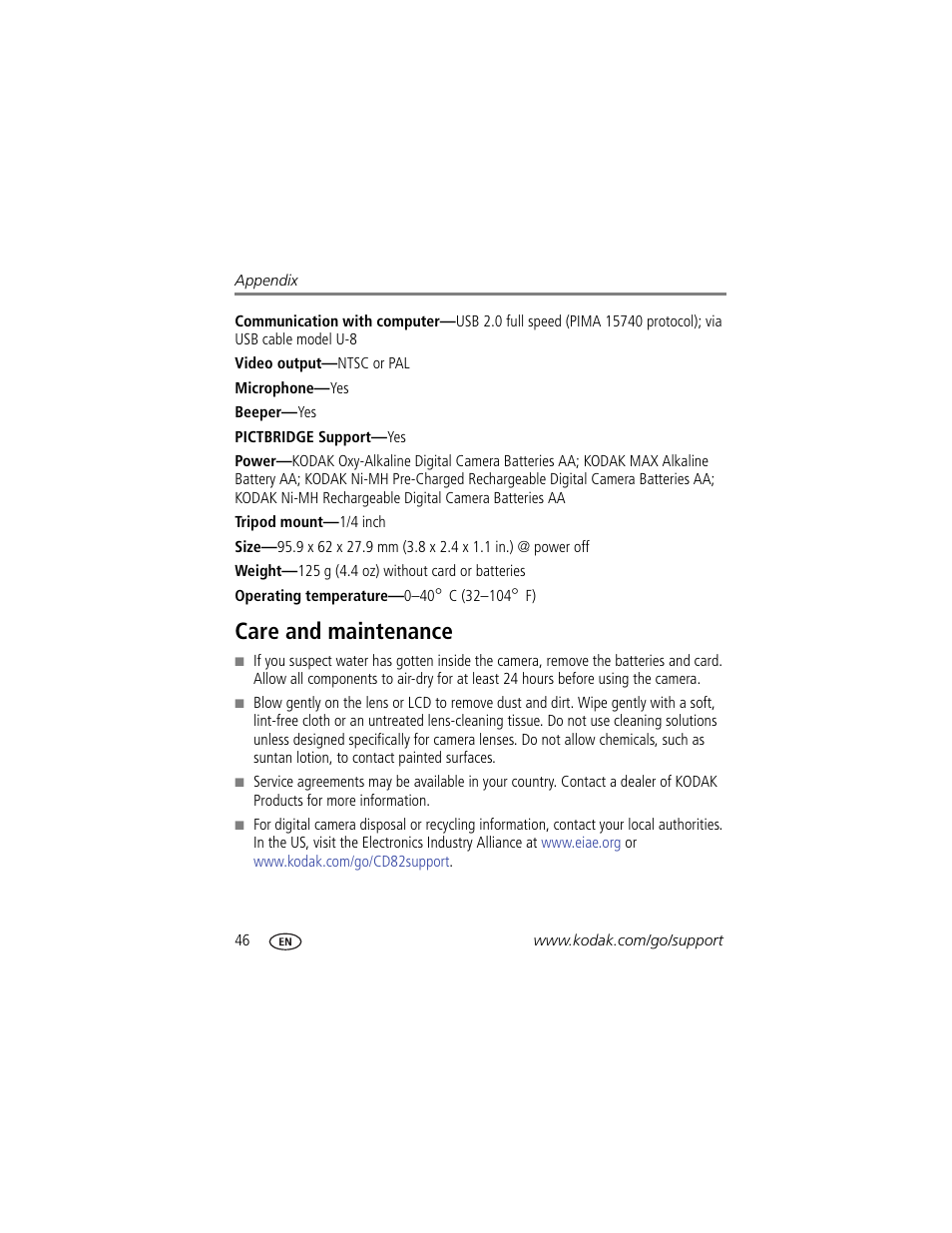 Care and maintenance | Kodak CD82 User Manual | Page 52 / 64