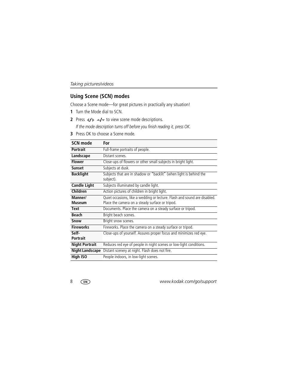 Using scene (scn) modes | Kodak CD80 User Manual | Page 14 / 63