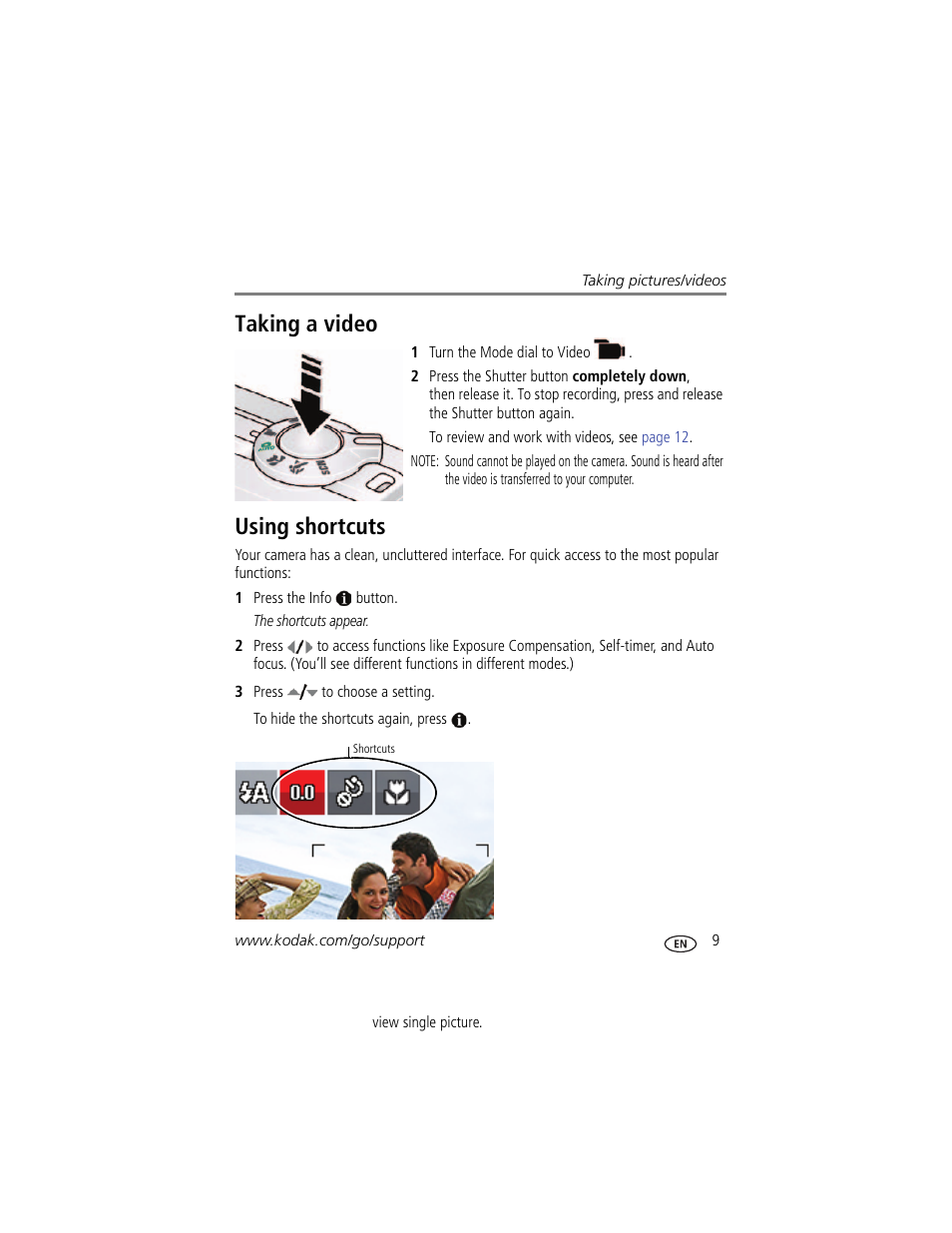 Taking a video, Using shortcuts, Taking a video using shortcuts | Kodak CD80 User Manual | Page 15 / 63