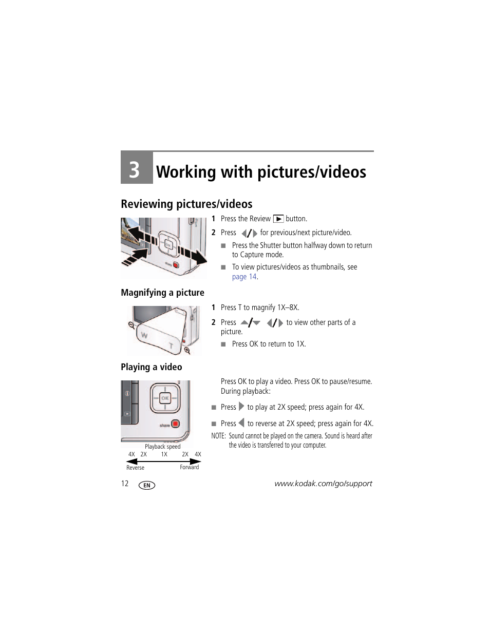 Working with pictures/videos, Reviewing pictures/videos, Magnifying a picture | Playing a video, 3 working with pictures/videos | Kodak CD80 User Manual | Page 18 / 63