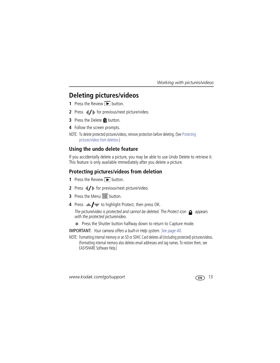 Deleting pictures/videos, Using the undo delete feature, Protecting pictures/videos from deletion | Kodak CD80 User Manual | Page 19 / 63