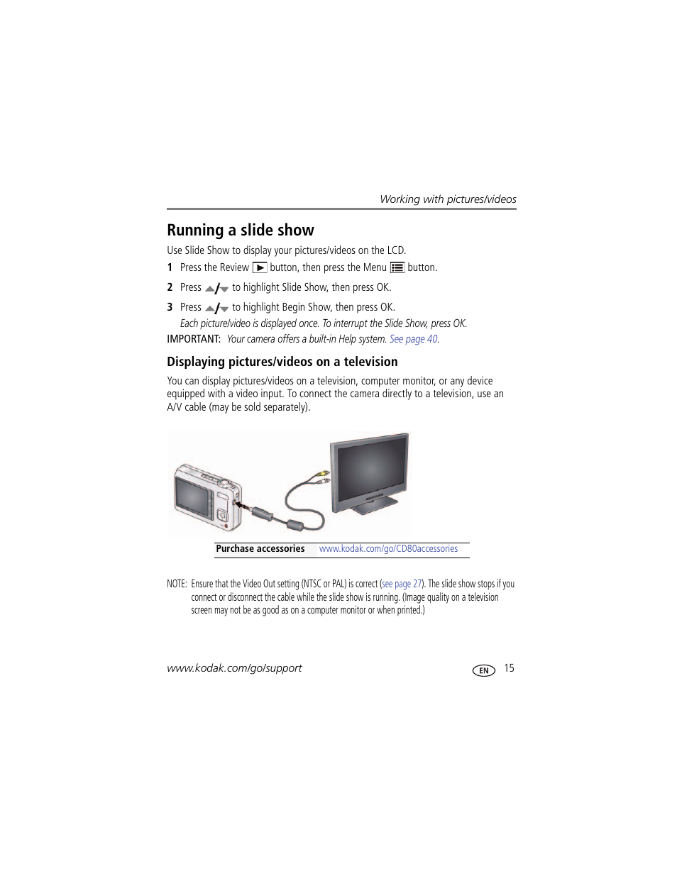 Running a slide show, Displaying pictures/videos on a television | Kodak CD80 User Manual | Page 21 / 63