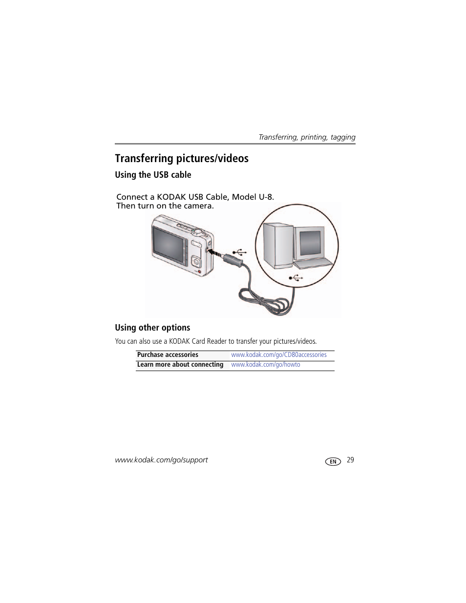 Transferring pictures/videos, Using the usb cable, Using other options | Kodak CD80 User Manual | Page 35 / 63