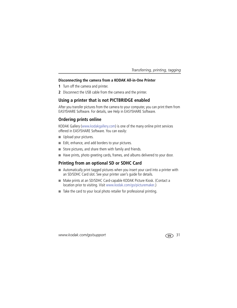 Using a printer that is not pictbridge enabled, Ordering prints online, Printing from an optional sd or sdhc card | Kodak CD80 User Manual | Page 37 / 63