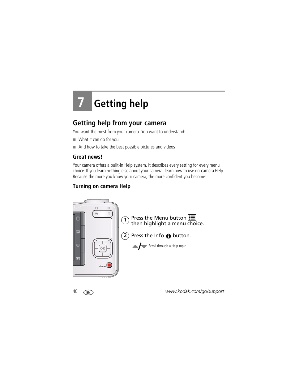 Getting help, Getting help from your camera, Great news | Turning on camera help, 7 getting help, Stem | Kodak CD80 User Manual | Page 46 / 63