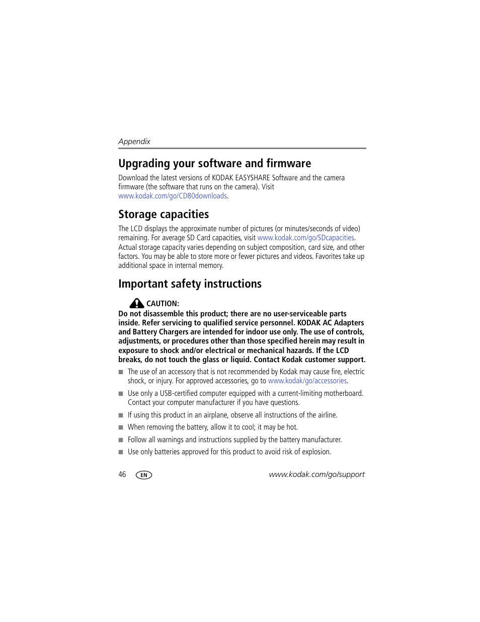 Upgrading your software and firmware, Storage capacities, Important safety instructions | Kodak CD80 User Manual | Page 52 / 63