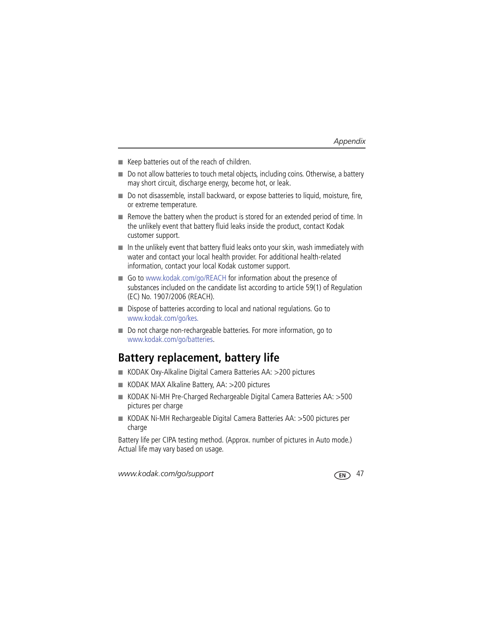 Battery replacement, battery life | Kodak CD80 User Manual | Page 53 / 63