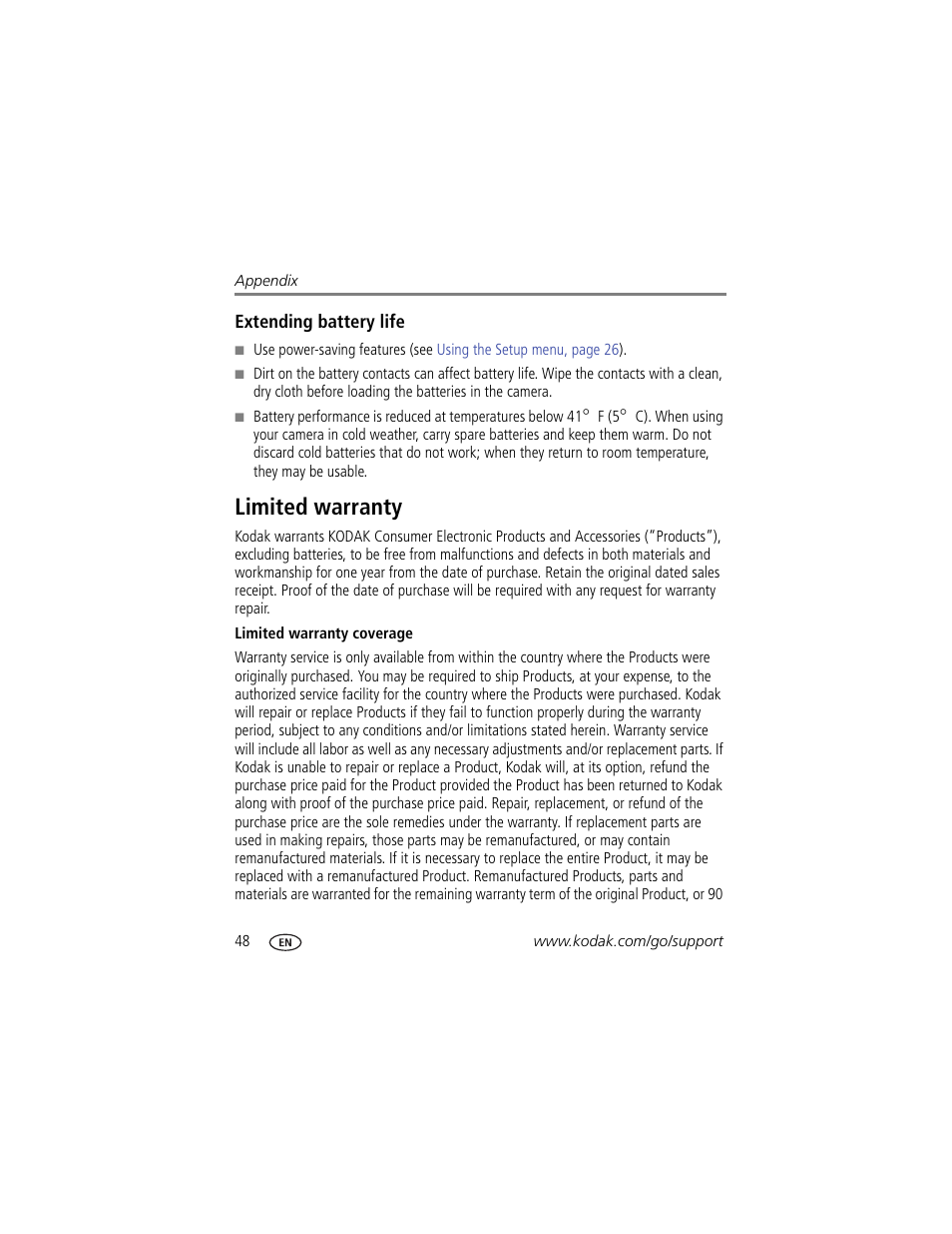 Extending battery life, Limited warranty | Kodak CD80 User Manual | Page 54 / 63