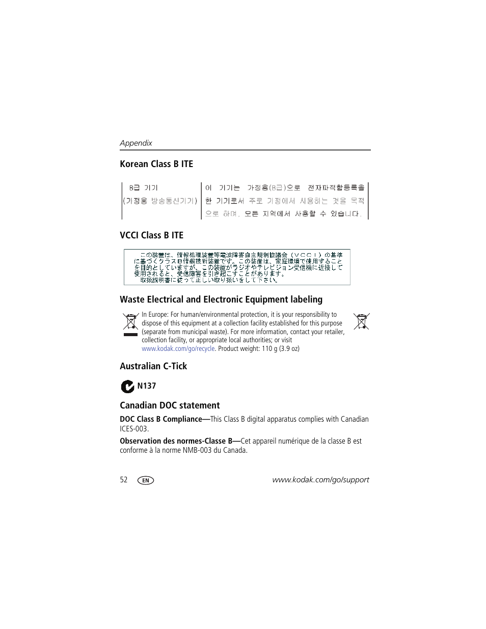 Korean class b ite, Vcci class b ite, Waste electrical and electronic equipment labeling | Australian c-tick, Canadian doc statement | Kodak CD80 User Manual | Page 58 / 63