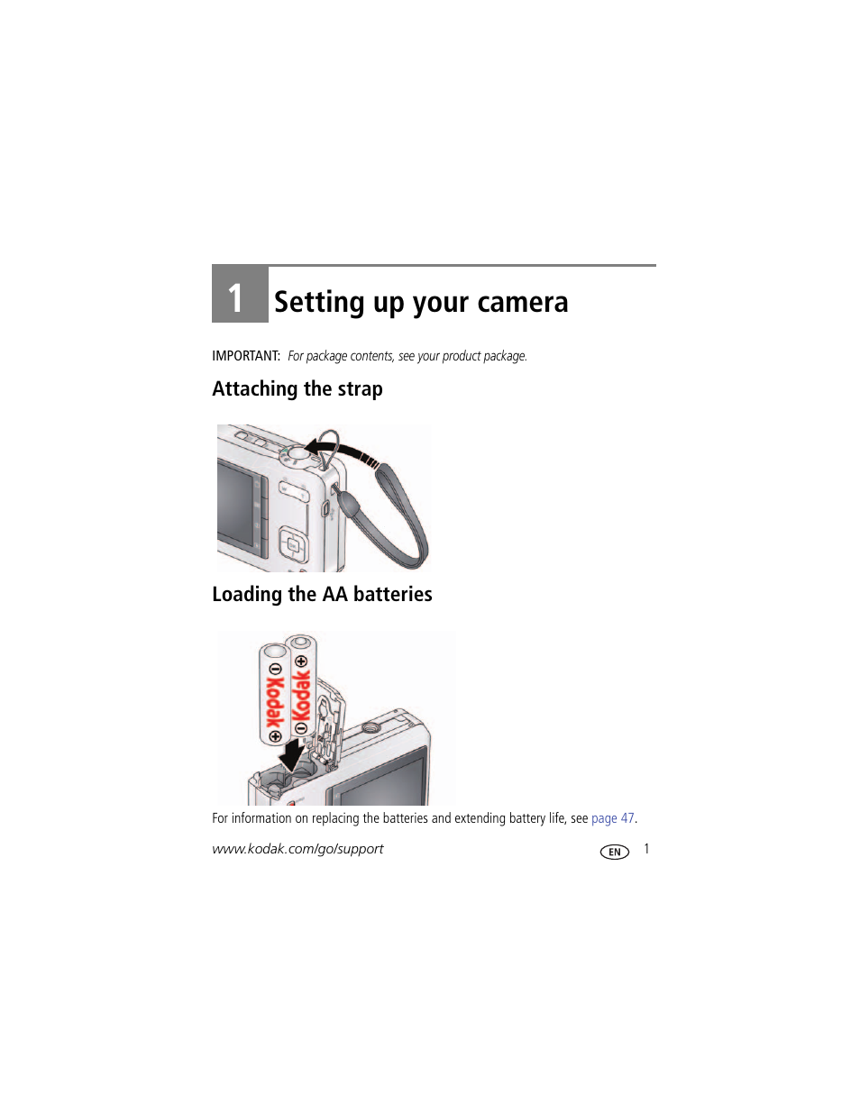 Setting up your camera, Attaching the strap, Loading the aa batteries | 1 setting up your camera, Attaching the strap loading the aa batteries | Kodak CD80 User Manual | Page 7 / 63