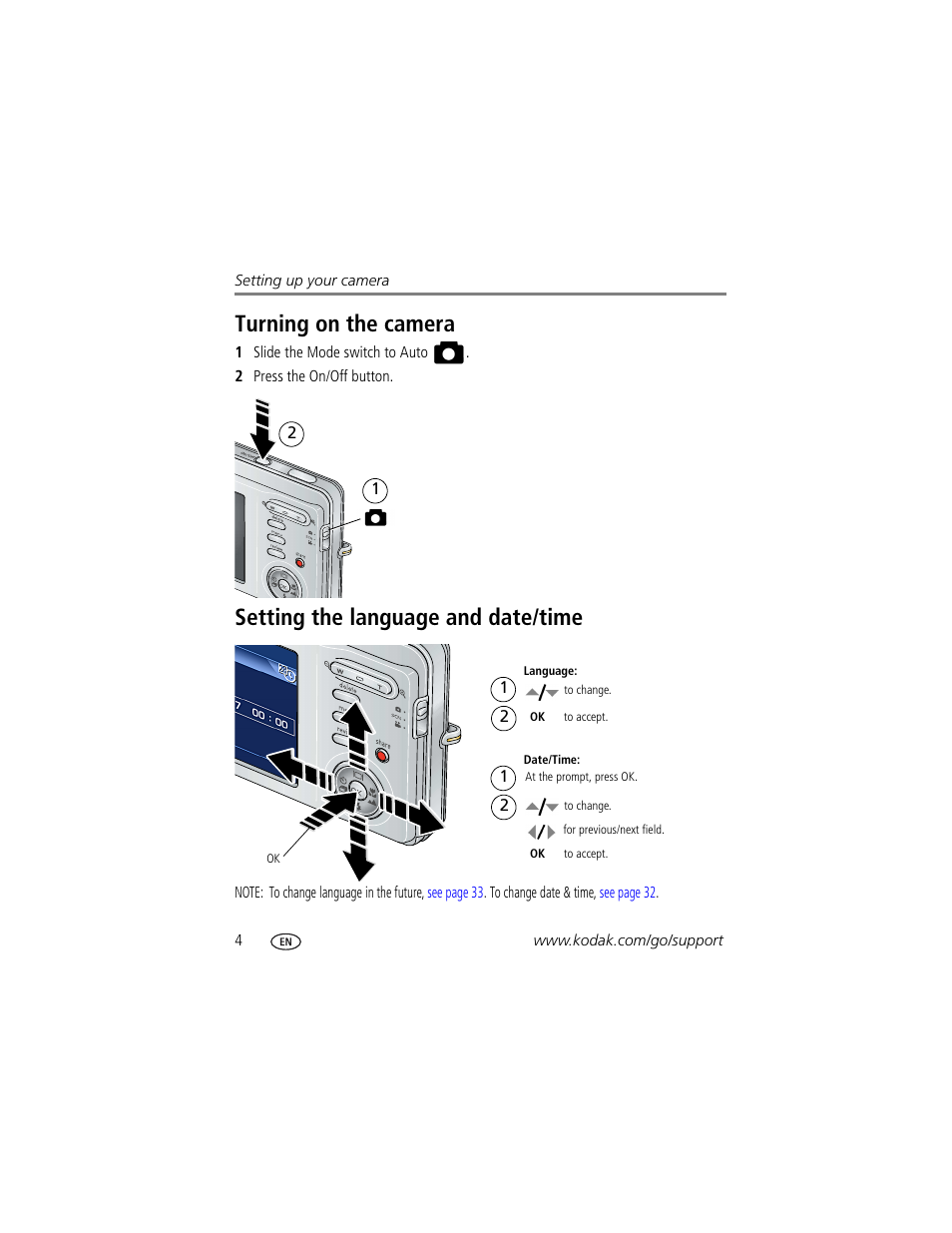 Turning on the camera, Setting the language and date/time | Kodak M873 User Manual | Page 10 / 76