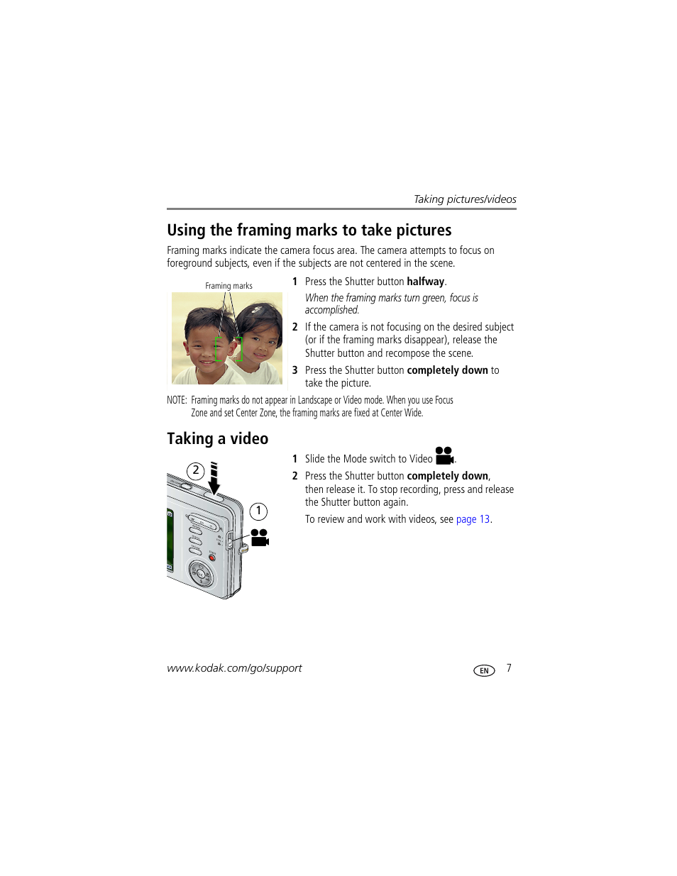 Using the framing marks to take pictures, Taking a video | Kodak M873 User Manual | Page 13 / 76