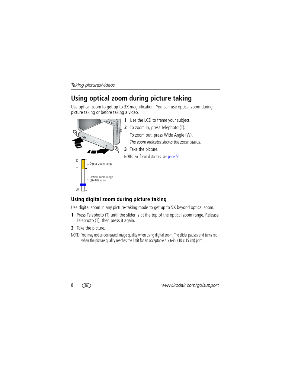 Using optical zoom during picture taking, Using digital zoom during picture taking | Kodak M873 User Manual | Page 14 / 76