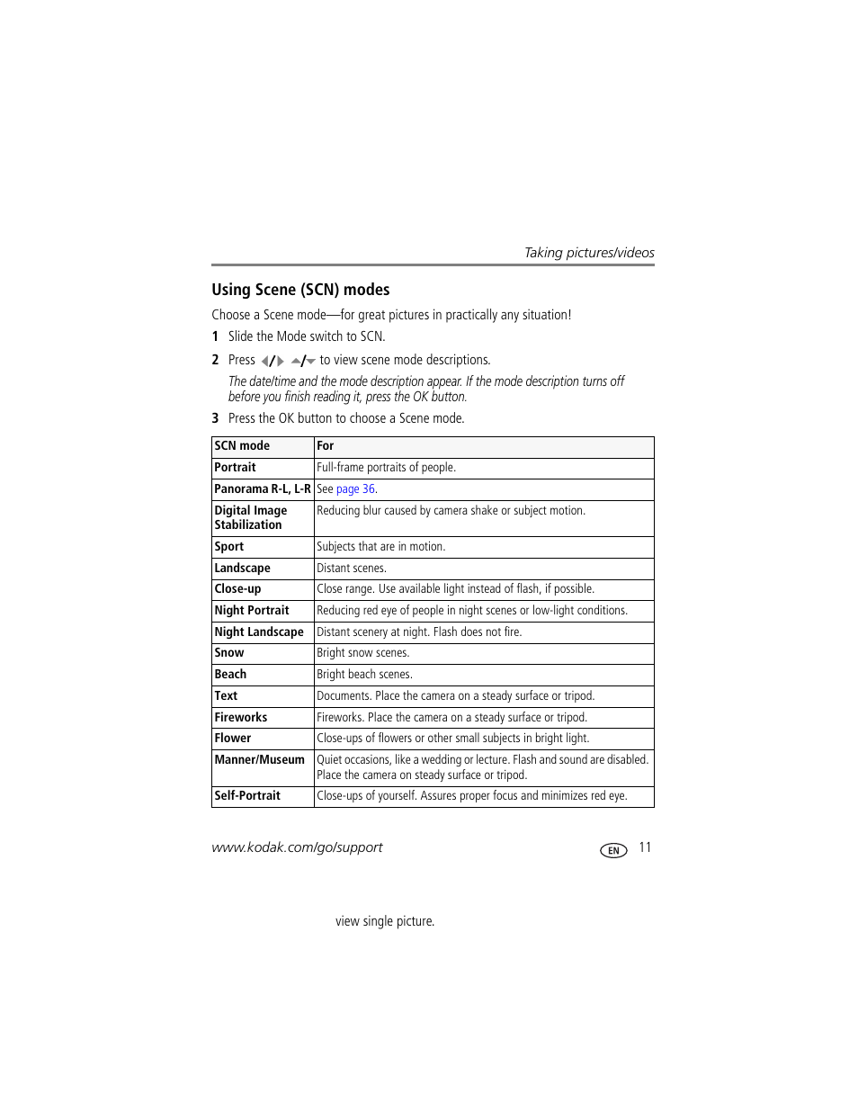 Using scene (scn) modes | Kodak M873 User Manual | Page 17 / 76