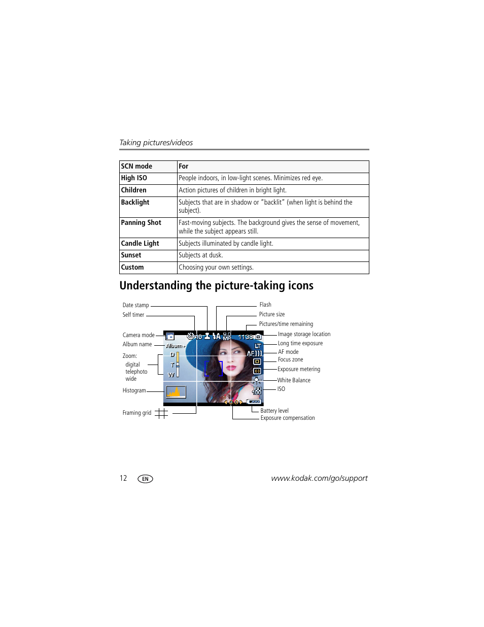 Understanding the picture-taking icons | Kodak M873 User Manual | Page 18 / 76