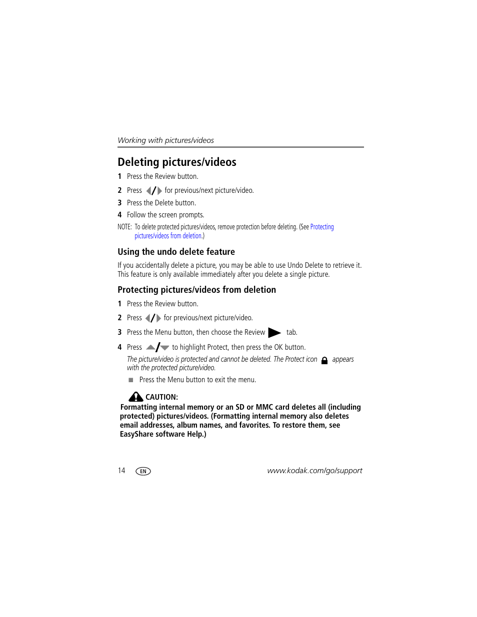 Deleting pictures/videos, Using the undo delete feature, Protecting pictures/videos from deletion | Kodak M873 User Manual | Page 20 / 76