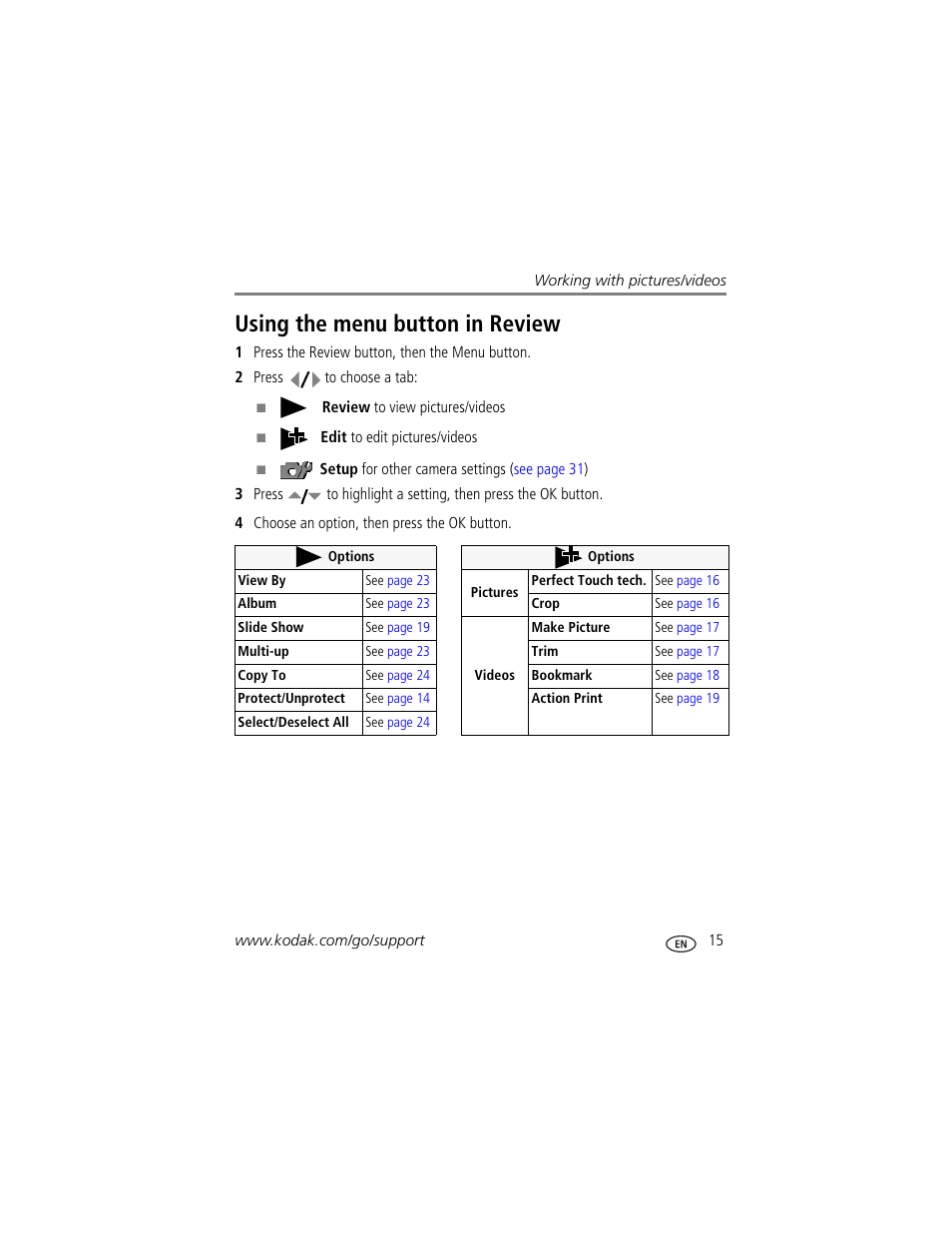 Using the menu button in review | Kodak M873 User Manual | Page 21 / 76