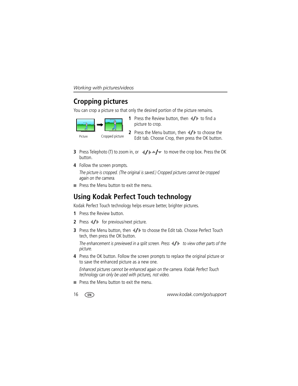 Cropping pictures, Using kodak perfect touch technology | Kodak M873 User Manual | Page 22 / 76