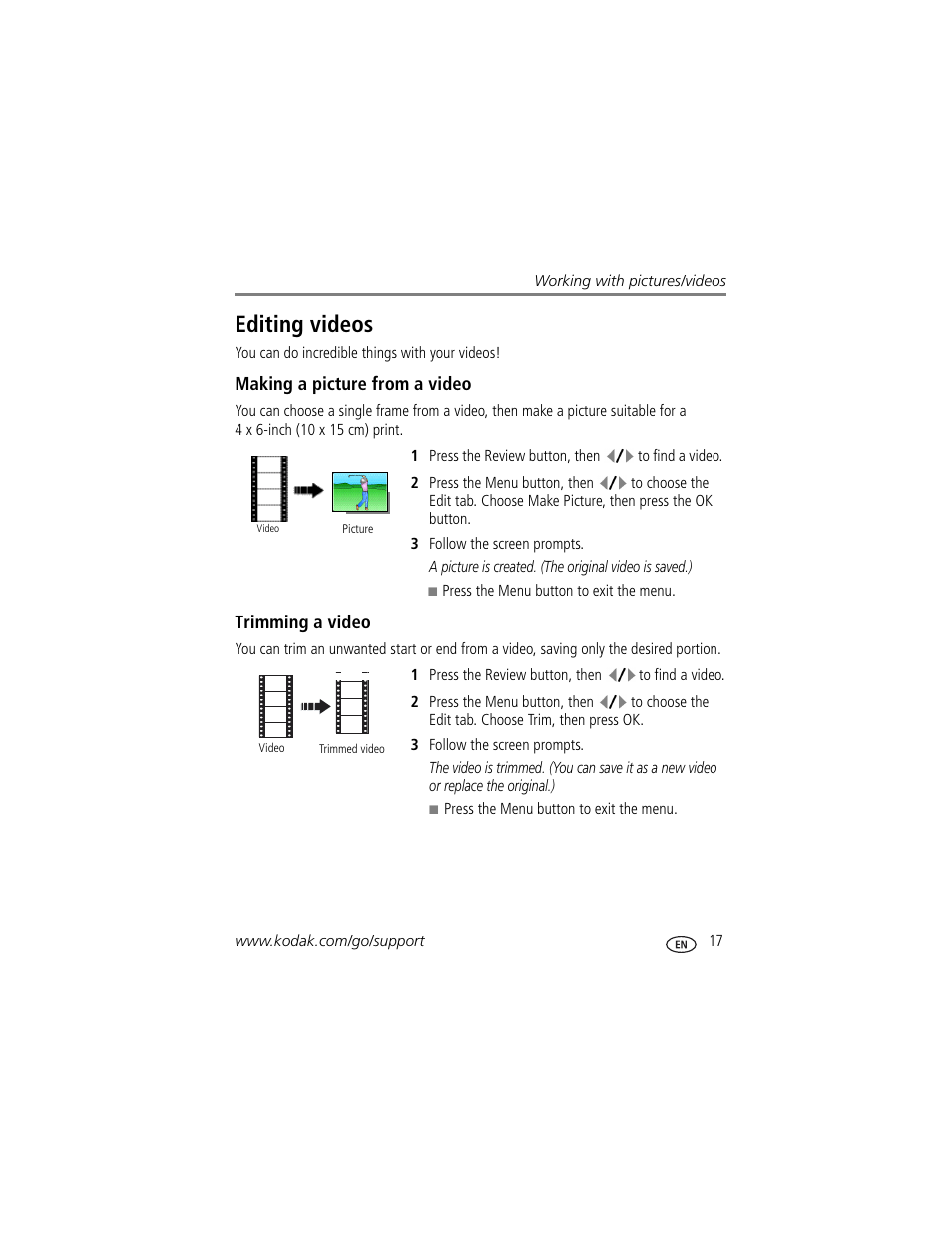 Editing videos, Making a picture from a video, Trimming a video | Kodak M873 User Manual | Page 23 / 76