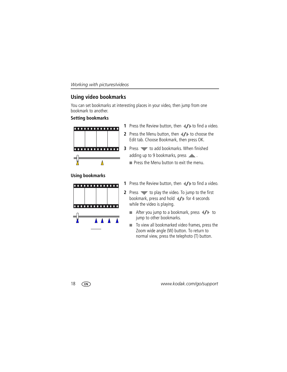 Using video bookmarks, Setting bookmarks, Using bookmarks | Kodak M873 User Manual | Page 24 / 76