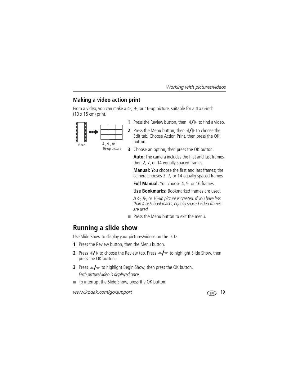 Making a video action print, Running a slide show | Kodak M873 User Manual | Page 25 / 76