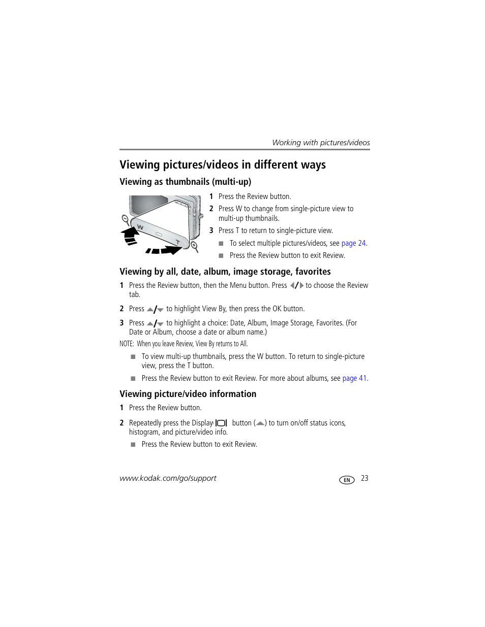 Viewing pictures/videos in different ways, Viewing as thumbnails (multi-up), Viewing picture/video information | Kodak M873 User Manual | Page 29 / 76