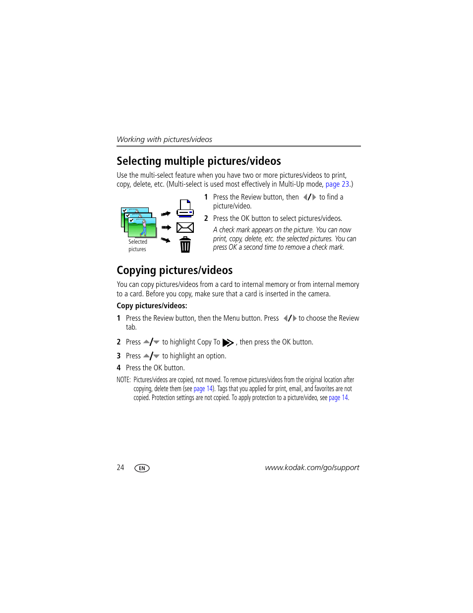 Selecting multiple pictures/videos, Copying pictures/videos | Kodak M873 User Manual | Page 30 / 76